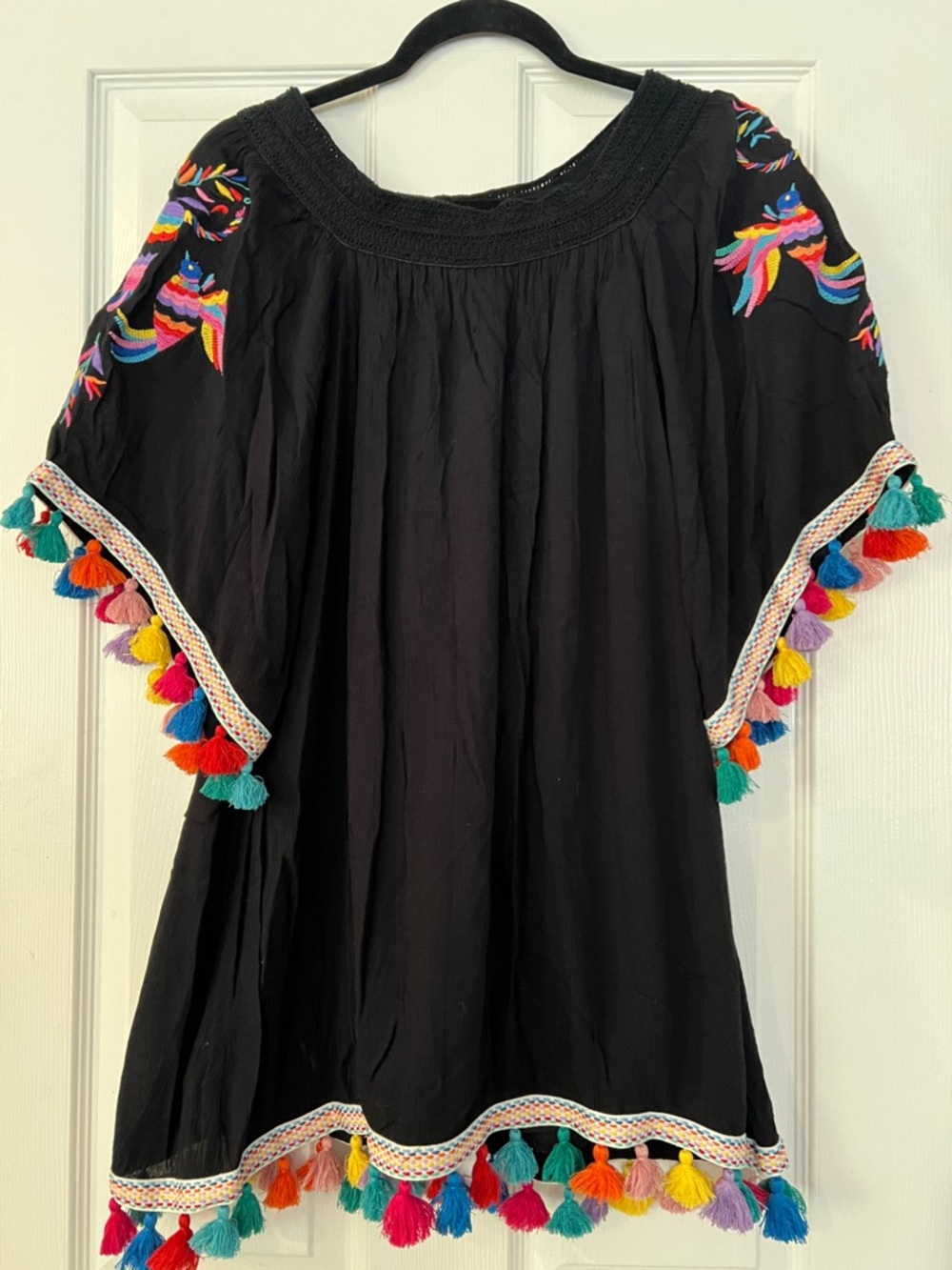 Judith March Embroidered Bird Pom Black Blouse Bohemian Small